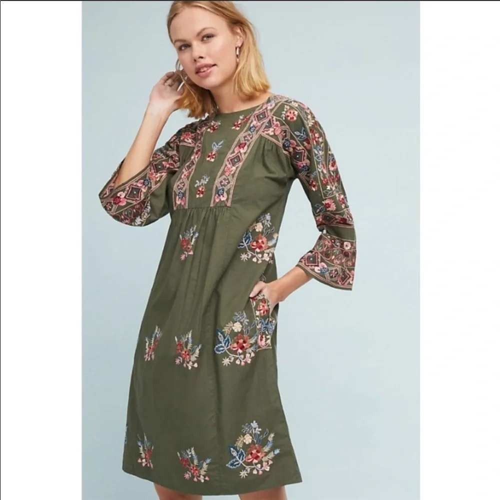 Anthropologie Seen Worn Kept Embroidered Dress 8 Olive Green Cotton Boho Midi